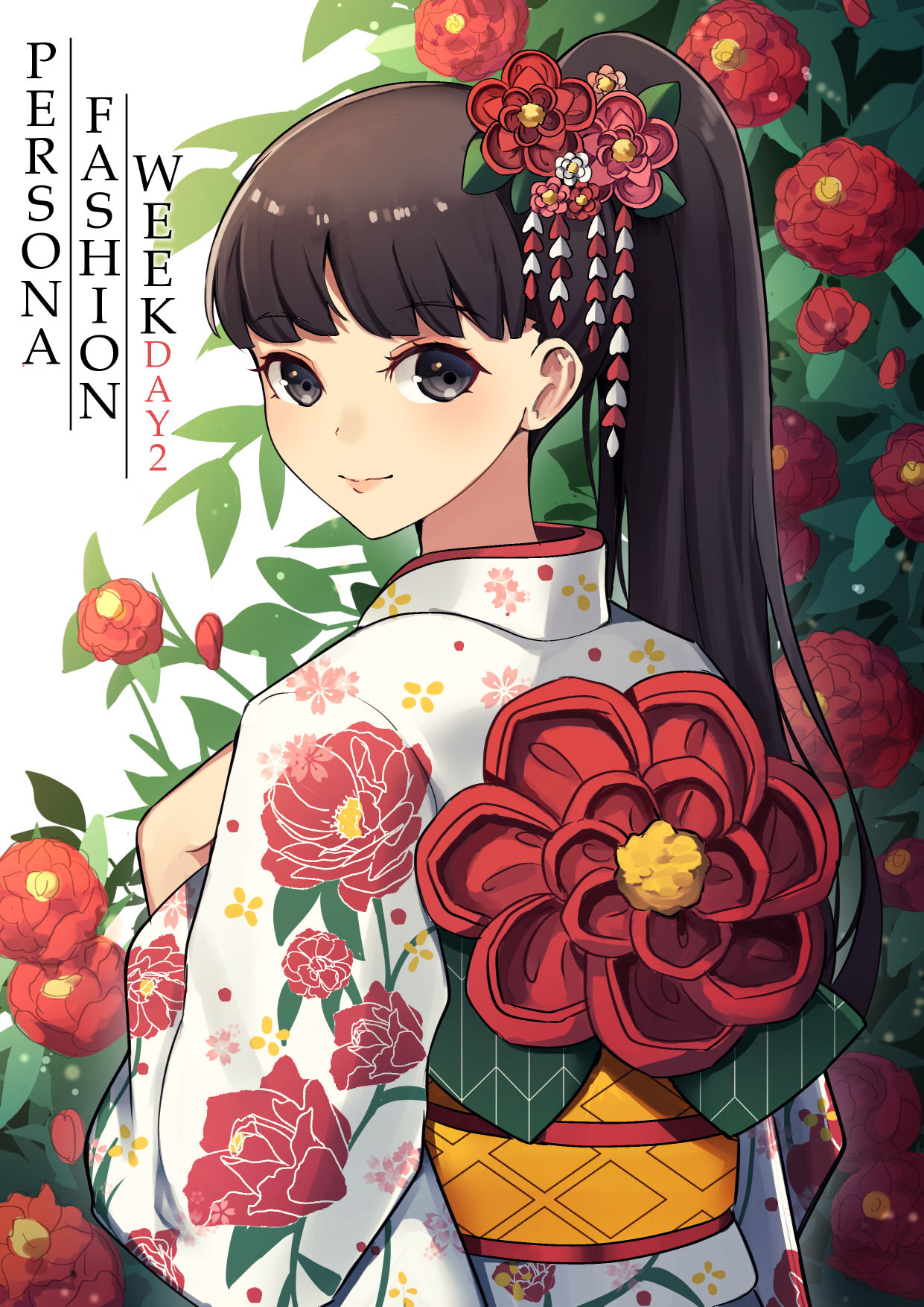 1girl amagi_yukiko black_eyes black_hair blush cherry_blossom_print closed_mouth commentary copyright_name english_commentary english_text eyelashes floral_background floral_print flower from_behind hair_flower hair_ornament highres japanese_clothes kimono kuki_tan leaf leaf_print lips long_hair long_sleeves looking_at_viewer looking_back persona persona_4 ponytail red_flower sash simple_background smile solo straight_hair swept_bangs very_long_hair white_background white_kimono wide_sleeves yellow_sash yukata