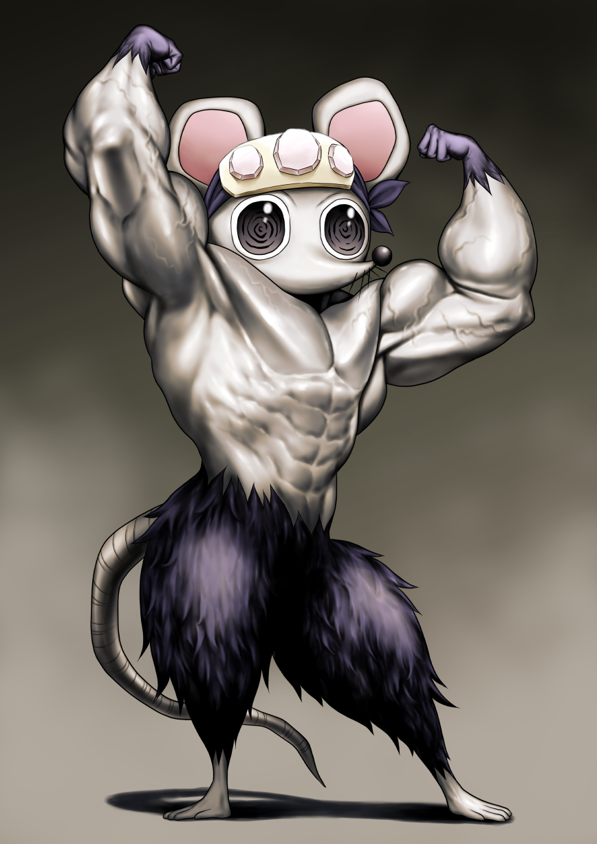 abs animal animal_ears animal_focus arms_up clenched_hands flexing forehead_protector gem highres kimetsu_no_yaiba mouse_ears mouse_tail muscular muscular_male ninju_(kimetsu_no_yaiba) no_humans pectorals solo standing tail toshi_(pixiv6514)