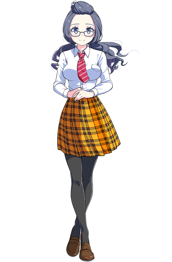 1girl black_hair black_pantyhose brown_footwear collared_shirt full_body loafers long_hair looking_at_viewer magicami miniskirt necktie non-web_source official_art okada_marianne orange_skirt own_hands_together pantyhose photoshop_(medium) plaid plaid_skirt pleated_skirt rectangular_eyewear school_uniform shirt shirt_tucked_in shoes simple_background skirt smile solo standing striped_necktie white_background white_shirt