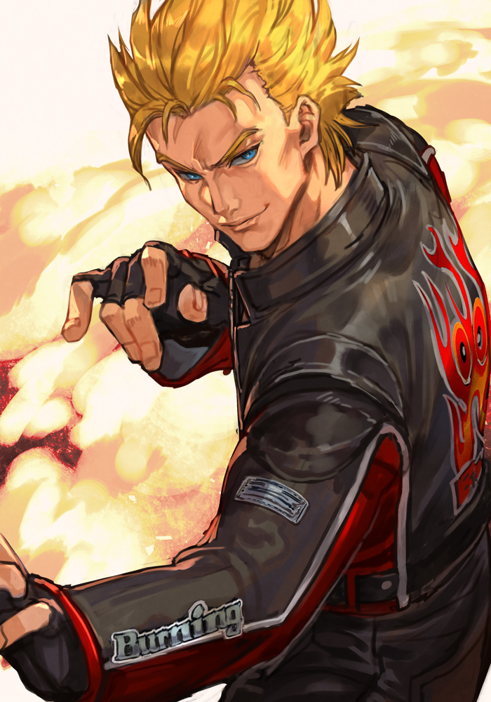 1boy black_gloves blonde_hair blue_eyes cowboy_shot fingerless_gloves fire gloves hankuri jacket jacky_bryant leather leather_jacket looking_to_the_side male_focus solo spiky_hair virtua_fighter virtua_fighter_5 white_background
