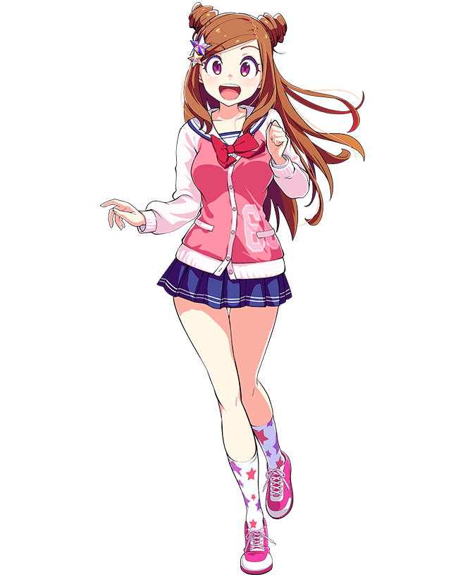 1girl asobe_iroha blue_skirt brown_hair double_bun full_body hair_bun hair_ornament jacket long_hair long_sleeves looking_at_viewer magicami miniskirt non-web_source number_print official_art open_mouth photoshop_(medium) pink_footwear pink_jacket pleated_skirt raglan_sleeves red_eyes shoes simple_background skirt sneakers solo star_(symbol) star_hair_ornament star_print swept_bangs teeth text_print upper_teeth_only white_background