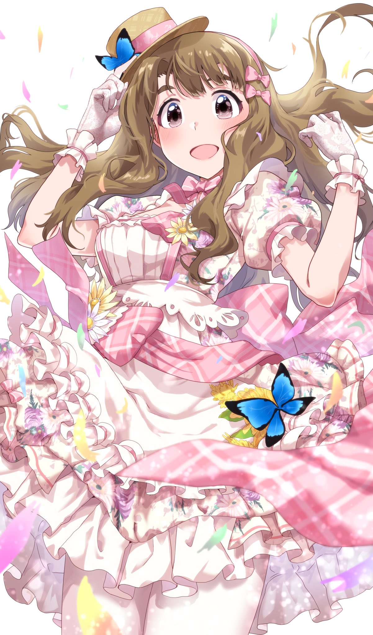 1girl blurry blurry_foreground blush brown_eyes brown_hair bug butterfly confetti dress floral_print frilled_dress frills gloves hair_ribbon hairband hands_up hat_ornament highres idolmaster idolmaster_million_live! idolmaster_million_live!_theater_days lace-trimmed_gloves lace_trim layered_dress long_hair looking_at_viewer miyao_miya neck_ribbon open_mouth pantyhose pink_ribbon puffy_short_sleeves puffy_sleeves ribbon run_p_(aveton) sash scrunchie short_sleeves smile solo thick_eyebrows white_background white_dress white_pantyhose