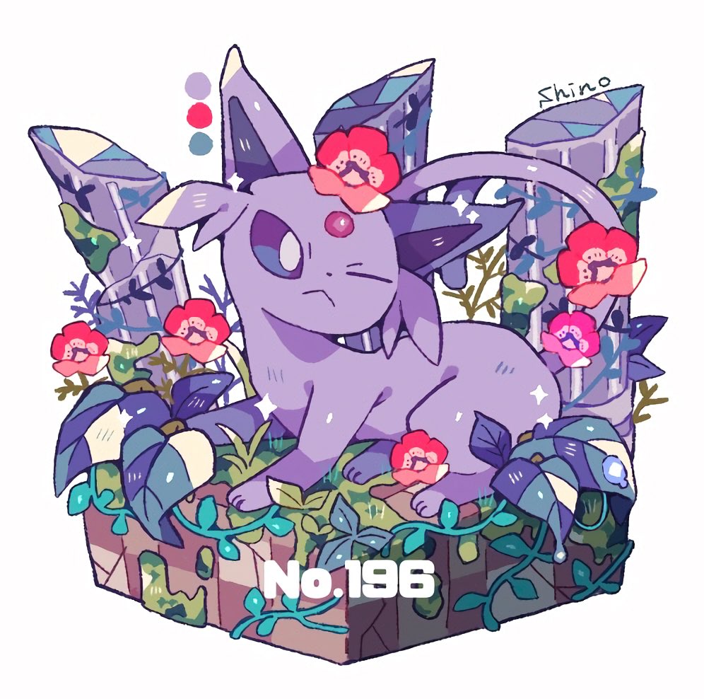 ;&lt; artist_name bright_pupils color_guide commentary_request espeon faux_figurine flower forehead_jewel grass leaf moss no_humans one_eye_closed pillar plant pokedex_number pokemon pokemon_(creature) red_flower shino_(shinoru_p) simple_background solo sparkle vines violet_eyes white_background white_pupils