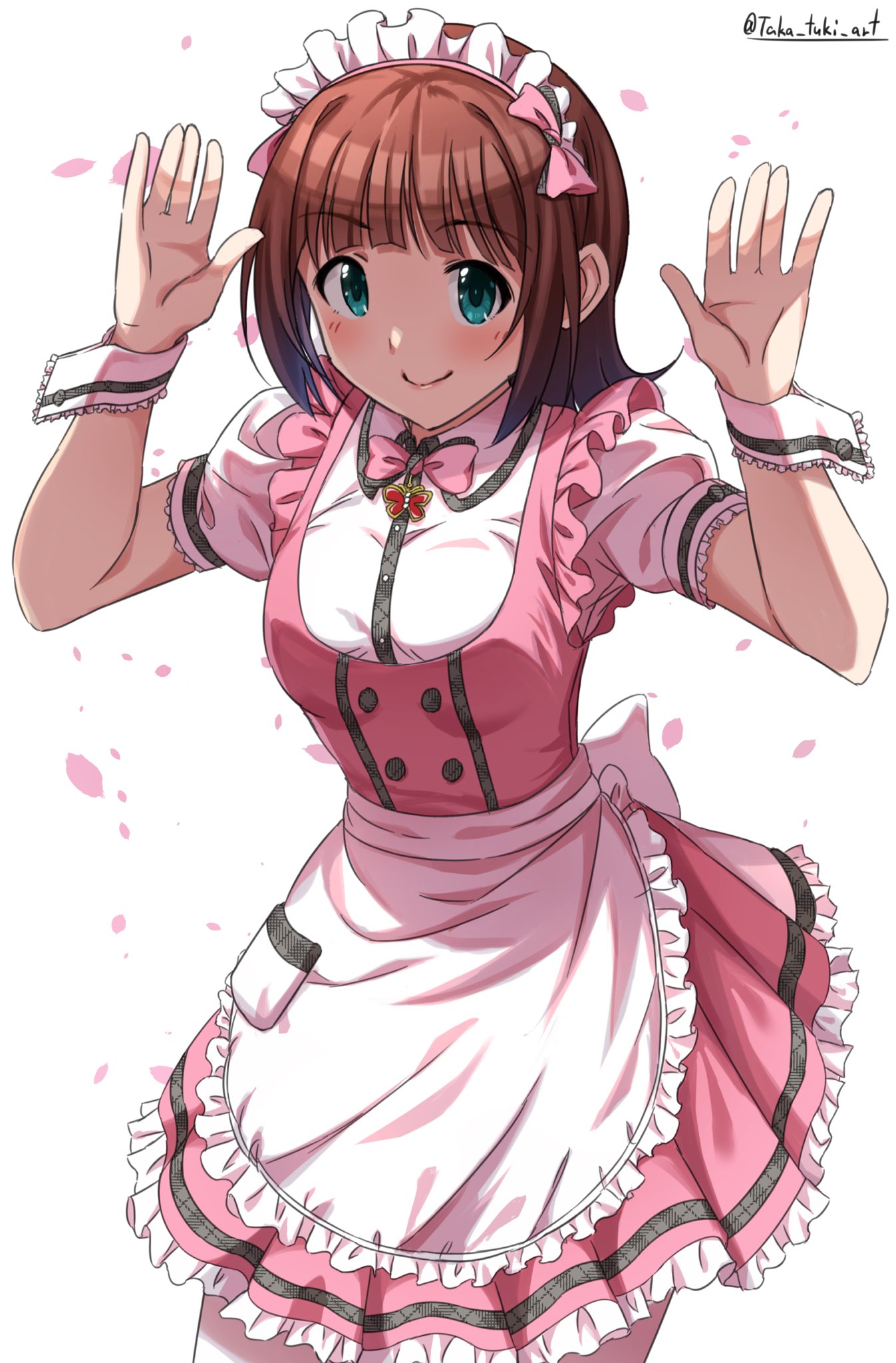 1girl alternate_costume amami_haruka apron blush bow bowtie breasts brown_hair buttons commentary_request cowboy_shot dress enmaided frilled_skirt frills green_eyes hair_bow hands_up highres idolmaster idolmaster_(classic) looking_at_viewer maid maid_headdress medium_breasts petals pink_bow pink_bowtie pink_dress puffy_short_sleeves puffy_sleeves shirt short_hair short_sleeves sidelocks skirt smile solo takatsuki_p twitter_username waist_apron white_apron white_background white_shirt wrist_cuffs