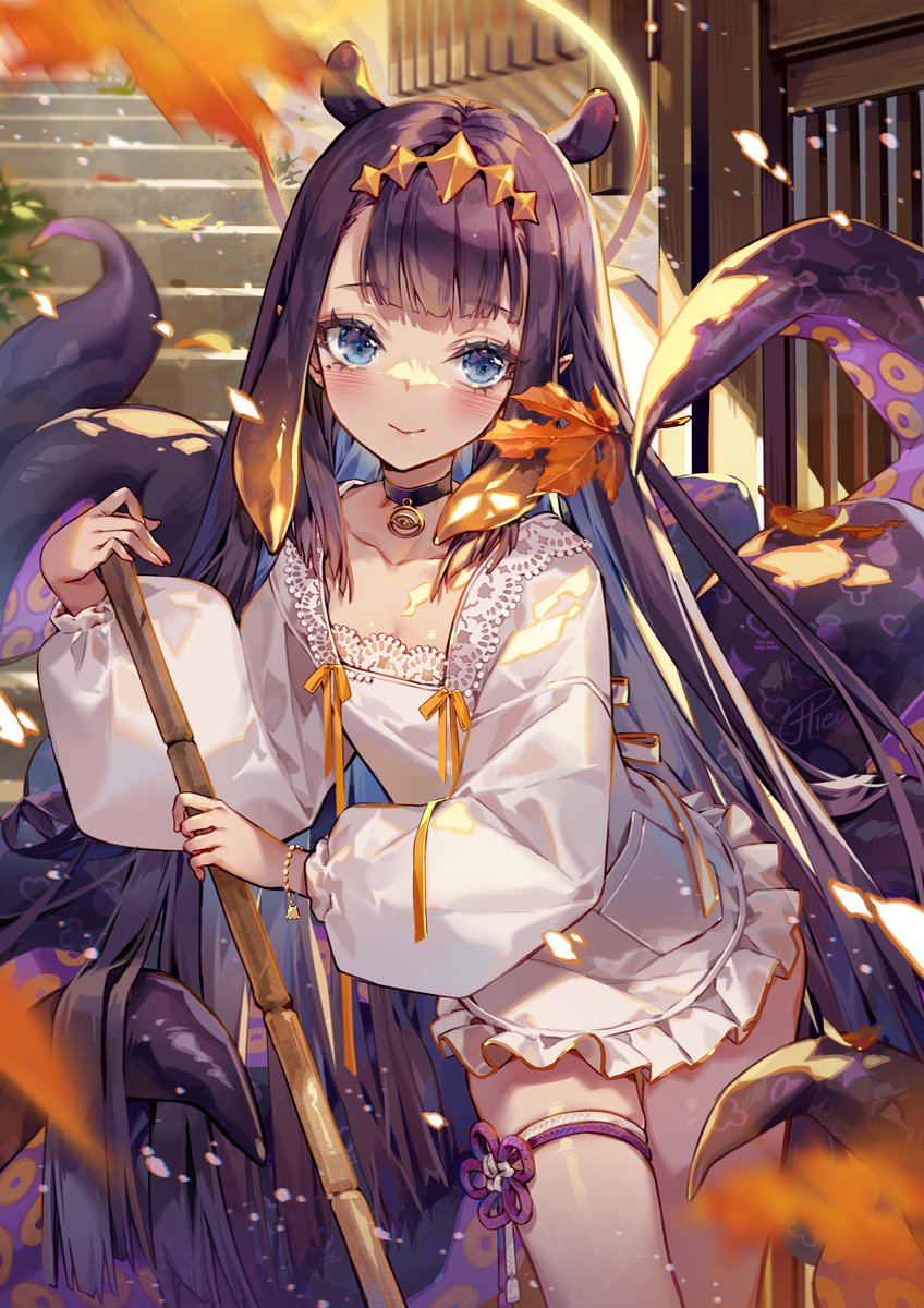 1girl blue_eyes bracelet broom closed_mouth collar collarbone dress hieihirai highres hololive hololive_english jewelry leaf long_hair long_sleeves looking_at_viewer maple_leaf ninomae_ina'nis pointy_ears purple_hair smile solo stairs tentacle_hair tentacles thigh-highs virtual_youtuber white_dress white_thighhighs