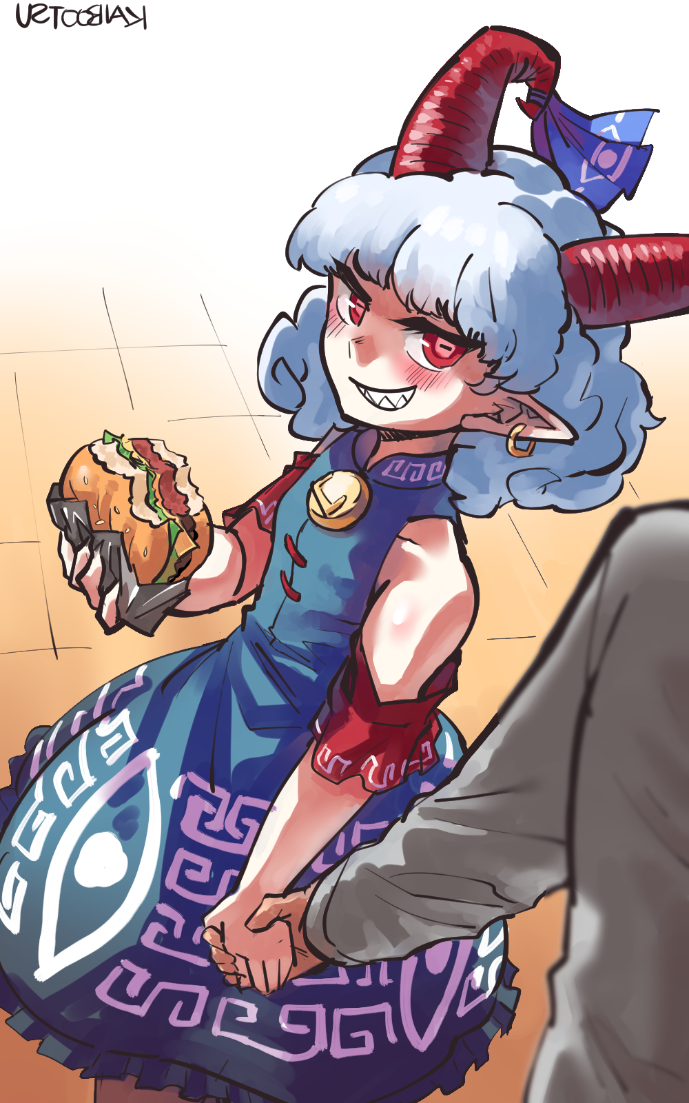 1boy 1girl artist_name bare_shoulders blue_dress breasts burger curly_hair dating dress earrings food food_bite food_wrapper frilled_dress frills highres holding holding_food holding_hands horizontal_pupils horn_ornament horn_ribbon horns jewelry kaibootsu looking_at_another meandros pointy_ears rectangular_pupils red_eyes red_horns ribbon sesame_seeds sharp_teeth sheep_horns small_breasts solo teeth touhou toutetsu_yuuma white_hair