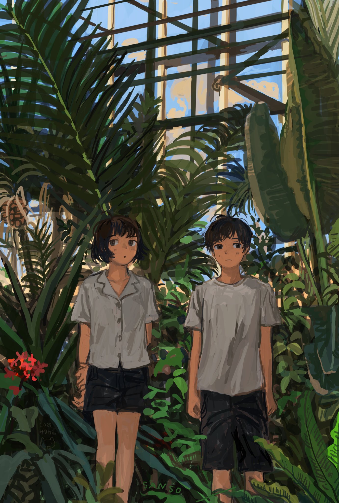 1boy 1girl :o arms_at_sides arms_behind_back black_eyes black_hair black_shorts blue_sky brown_eyes buttons closed_mouth collarbone collared_shirt conservatory day feet_out_of_frame fern flower highres holding_own_arm light_blush looking_away minahamu open_mouth original plant plant_request red_flower shirt short_hair short_shorts short_sleeves shorts sideways_glance sky standing sunlight t-shirt white_shirt