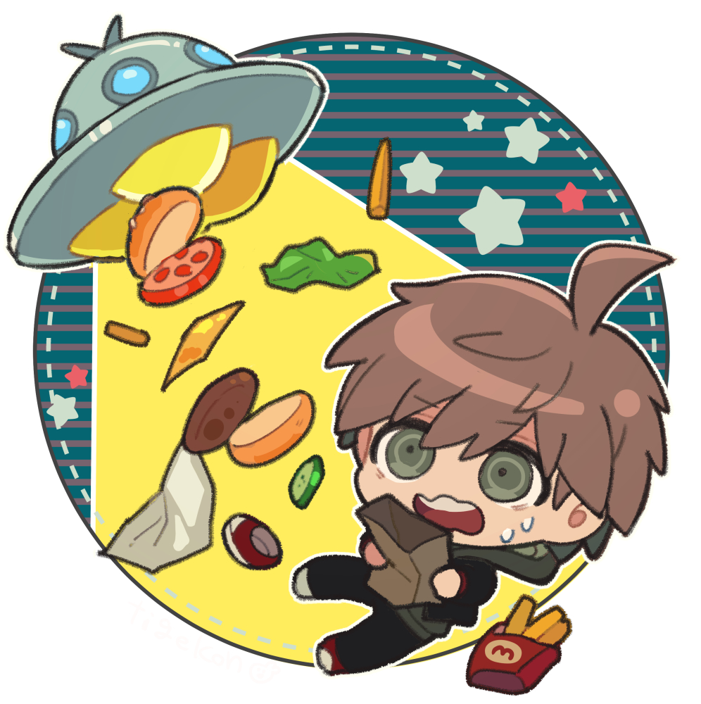 1boy ahoge black_jacket black_pants brown_hair bun_(food) burger cheese cheeseko chibi commentary_request d: danganronpa:_trigger_happy_havoc danganronpa_(series) food french_fries green_eyes jacket light male_focus naegi_makoto open_clothes open_jacket pants shoes short_hair solo star_(symbol) striped striped_background sweat teeth tomato ufo upper_teeth_only white_background
