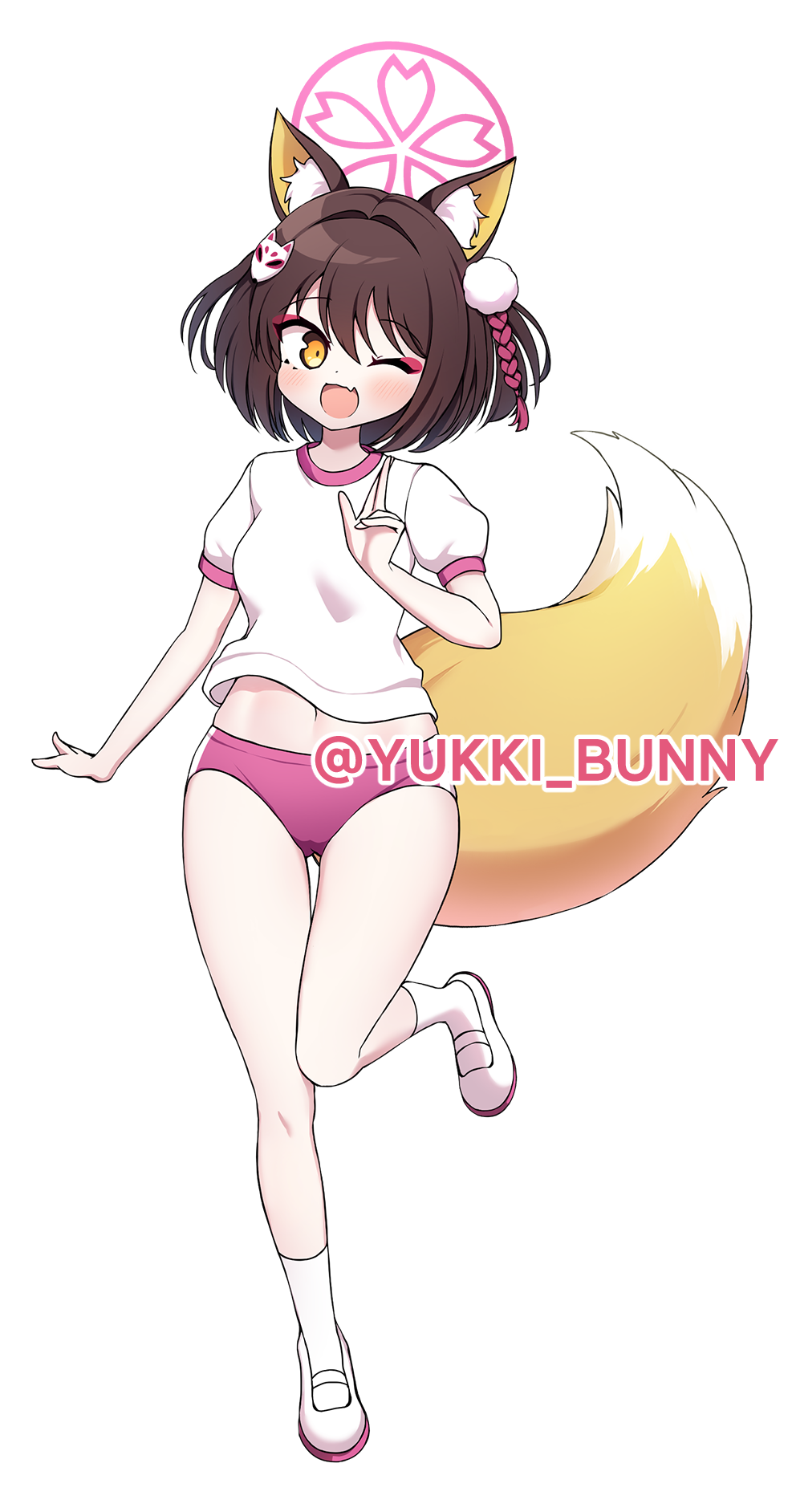 1girl ;d animal_ear_fluff animal_ears ass_visible_through_thighs black_hair blue_archive buruma commentary_request eyeshadow fox_ears fox_girl fox_hair_ornament fox_tail full_body gym_shirt gym_uniform hair_between_eyes halo highres izuna_(blue_archive) long_hair looking_at_viewer makeup official_alternate_costume one_eye_closed one_side_up pink_buruma red_eyeshadow shirt short_sleeves sidelocks simple_background smile solo standing standing_on_one_leg tail twitter_username white_background yellow_eyes yukki_bunny