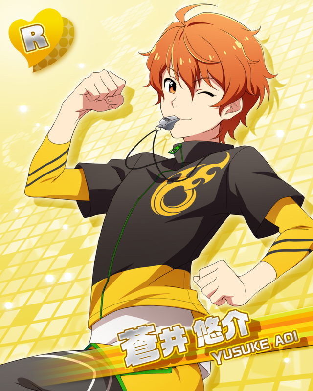 1boy aoi_yusuke blowing_whistle card_(medium) character_name clenched_hands fingernails hair_between_eyes idolmaster idolmaster_side-m layered_sleeves long_sleeves male_focus official_art one_eye_closed orange_eyes orange_hair short_over_long_sleeves short_sleeves smile whistle whistle_around_neck yellow_background