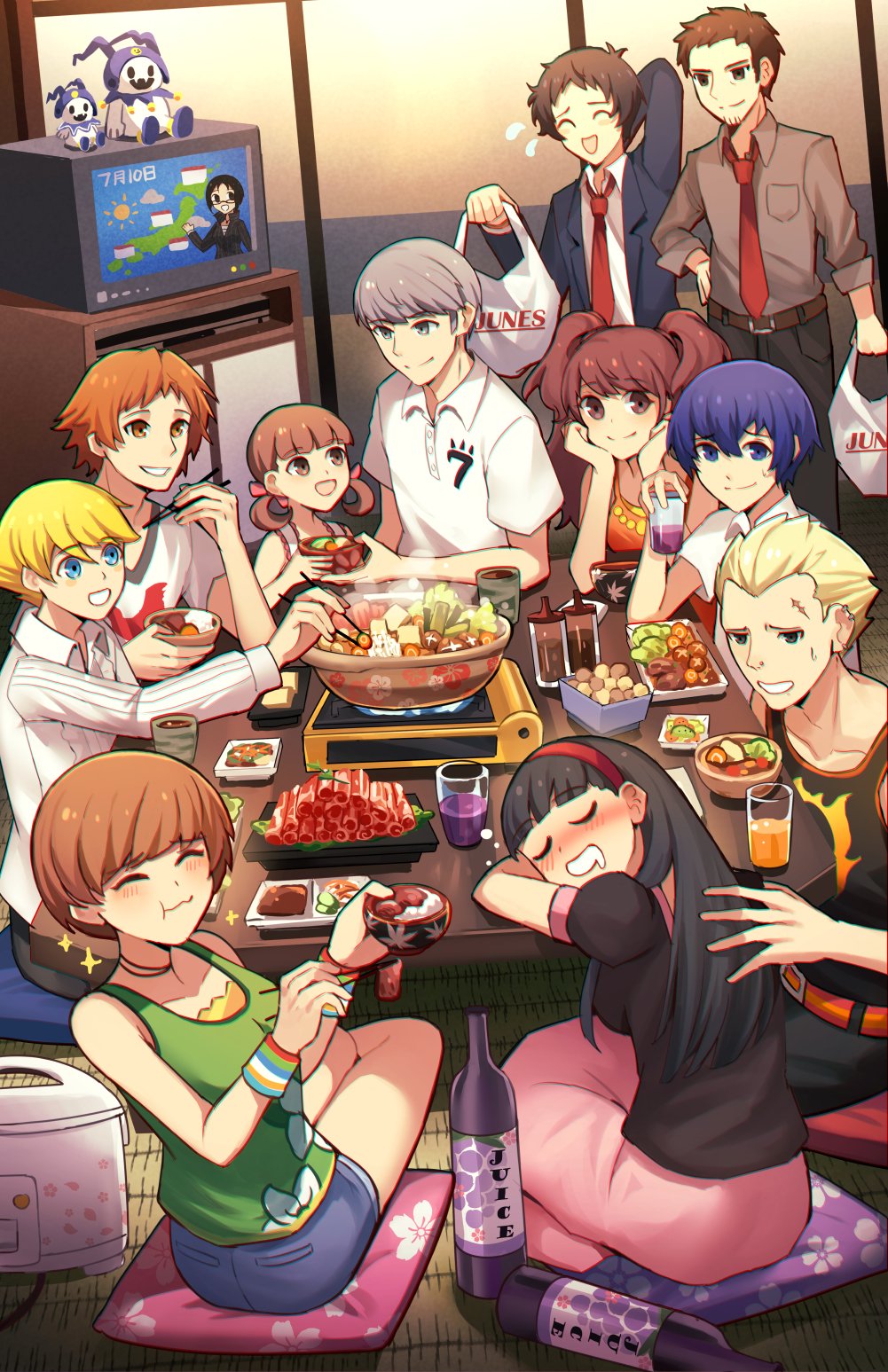 6+boys 6+girls :d :t ^_^ adachi_tooru amagi_yukiko architecture black_eyes black_hair blonde_hair blue_eyes blue_hair blush brother_and_sister brown_eyes brown_hair casual closed_eyes closed_mouth commentary dinner doujima_nanako doujima_ryoutarou drooling east_asian_architecture eating english_commentary father_and_daughter flying_sweatdrops friends full-face_blush grey_eyes grey_hair hair_between_eyes hanamura_yousuke hands_on_own_cheeks hands_on_own_face happy highres indoors jack_frost kujikawa_rise kuki_tan kuma_(persona_4) long_hair looking_at_another low_twintails marie_(persona_4) mouth_drool multiple_boys multiple_girls nabe narukami_yuu necktie open_mouth persona persona_4 red_necktie satonaka_chie shirogane_naoto short_hair siblings sitting sleeping smile sparkle spiky_hair sweatdrop swept_bangs table tatami tatsumi_kanji television twintails weathergirl