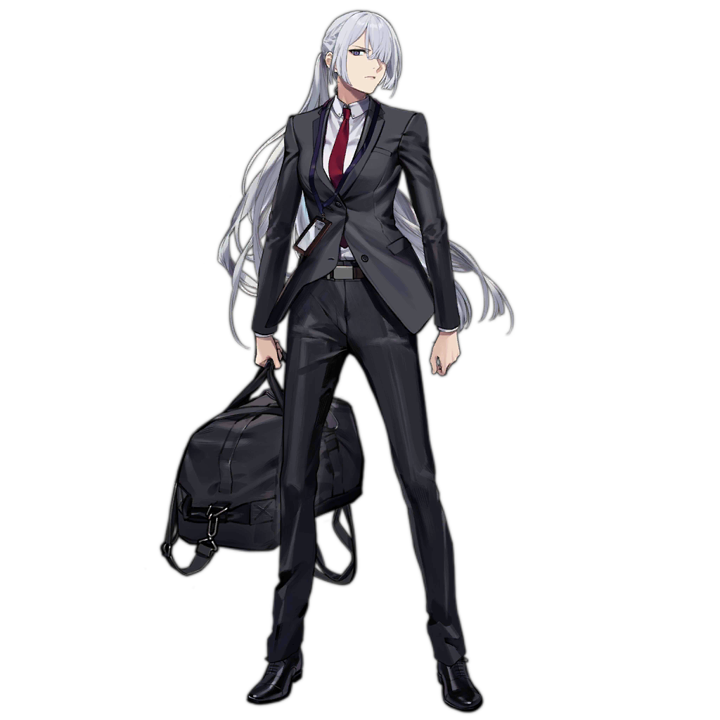 1girl ak-15_(girls'_frontline) bag belt black_footwear black_jacket black_pants brown_belt business_suit closed_mouth duffel_bag duoyuanjun formal full_body girls_frontline grey_hair hair_over_one_eye holding id_card jacket lanyard light_frown long_hair long_sleeves looking_at_viewer necktie official_alternate_costume official_art pants ponytail red_necktie shirt shoes simple_background solo standing suit transparent_background very_long_hair violet_eyes white_shirt