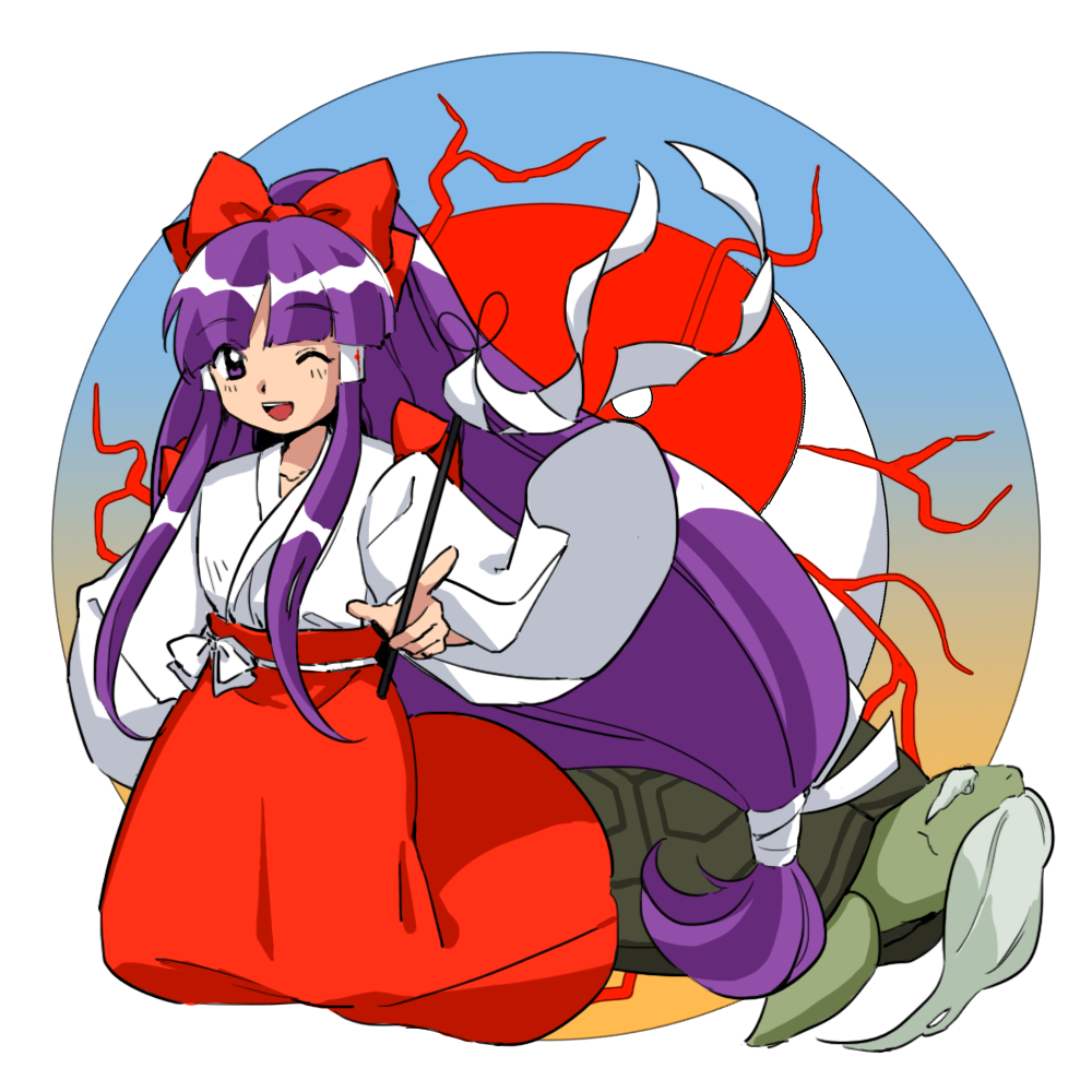 beard facial_hair genjii_(touhou) gohei hakurei_reimu hakurei_reimu_(pc-98) japanese_clothes kaigen_1025 long_beard long_hair miko one_eye_closed orb pointing purple_hair red_skirt skirt smile thick_eyebrows touhou touhou_(pc-98) turtle violet_eyes wide_sleeves yin_yang yin_yang_orb