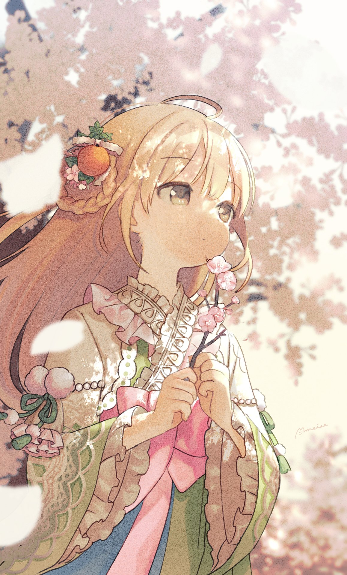 1girl ahoge blonde_hair braid branch brown_eyes cherry_blossoms day expressionless frilled_kimono frills futaba_anzu hair_ornament highres holding holding_branch idolmaster idolmaster_cinderella_girls japanese_clothes kimono long_hair meisa multicolored_clothes multicolored_kimono obi outdoors petals pom_pom_(clothes) sash single_hair_ring solo sunlight tassel tree upper_body wide_sleeves
