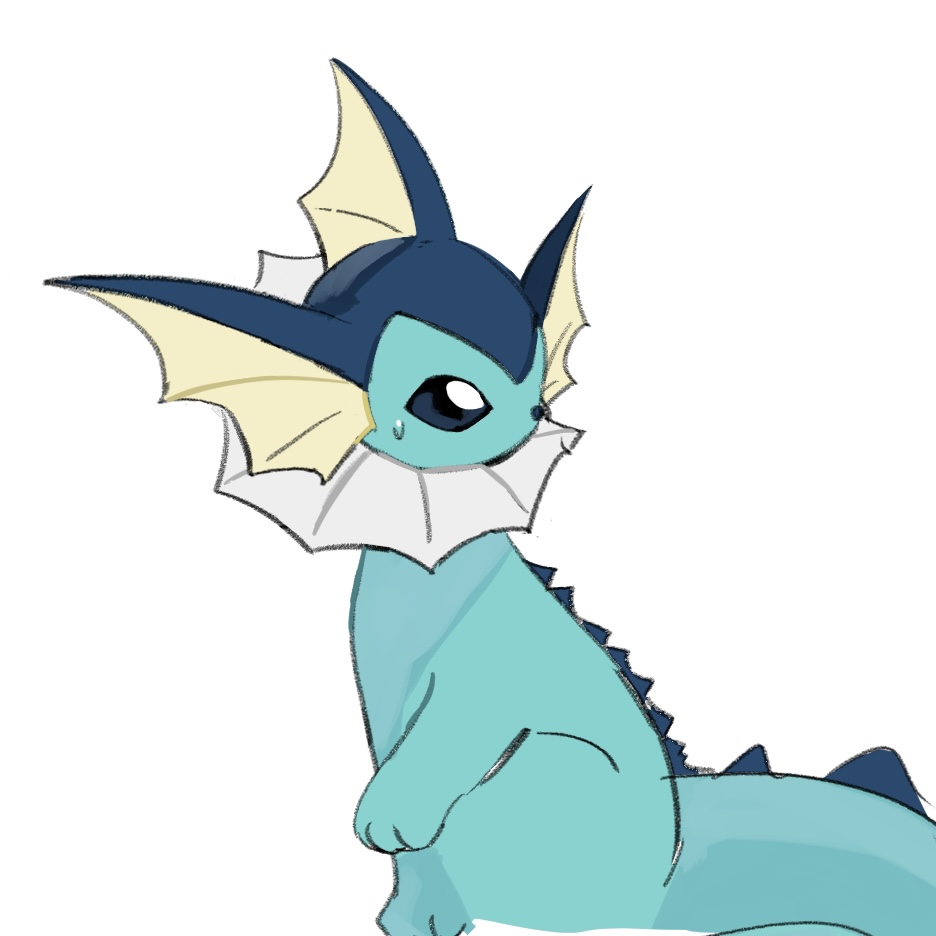animal_focus blue_eyes commentary from_side full_body looking_back no_humans pokemon pokemon_(creature) simple_background sitting sketch solo sweat takashi_(pixiv_80298118) vaporeon white_background