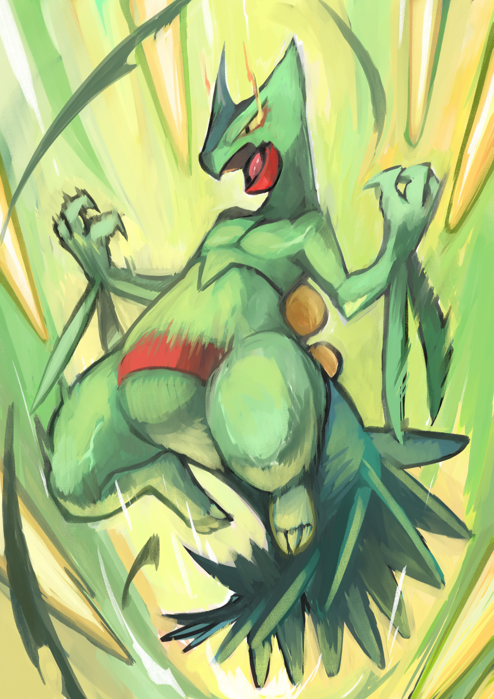 commentary_request eye_trail full_body hands_up highres light_trail looking_down multicolored_background no_humans open_mouth pokemon pokemon_(creature) rightorisamraido3 sceptile solo tongue w_arms