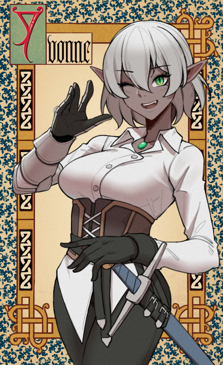 1girl black_gloves black_pants blush breasts buttons character_name collared_shirt commentary corset dark-skinned_female dark_elf dark_skin elf english_commentary english_text fangs gauntlets gloves grey_hair hair_between_eyes highres jewelry looking_at_viewer mawaridi medium_breasts necklace one_eye_closed open_mouth original pants pointy_ears sheath sheathed shirt short_hair single_gauntlet single_glove smile solo sword teeth upper_teeth_only weapon white_shirt yvonne_(mawaridi)