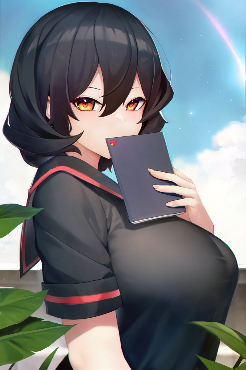 1girl black_hair black_sailor_collar black_shirt breasts clouds commentary covered_mouth covering_mouth hair_between_eyes heart highres holding holding_notebook large_breasts leaf looking_at_viewer medium_hair notebook orange_eyes original plant sailor_collar sailor_shirt shirt shooting_star short_sleeves sky solo star_(sky) starry_sky symbol-only_commentary upper_body xiaodi