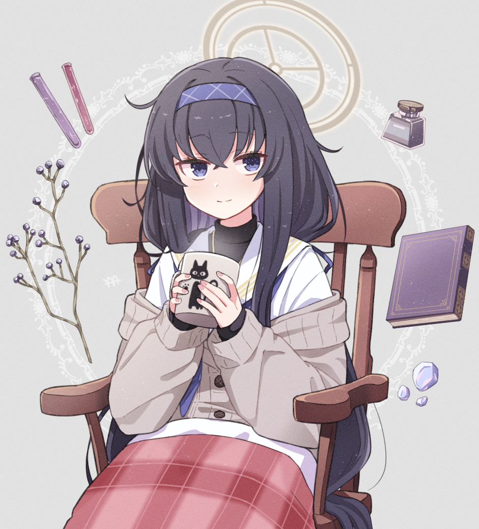 1girl armchair bags_under_eyes black_eyes black_hair blue_archive book bow brown_sweater chair commentary_request covering_with_blanket cup floating floating_book floating_object hair_between_eyes hair_bow hair_ribbon hairband halo holding holding_cup jewelry long_hair long_sleeves looking_at_viewer low_twintails mug neckerchief necklace plaid_blanket purple_hairband purple_neckerchief ribbed_sweater ribbon school_uniform serafuku sidelocks simple_background sitting solo steam sweater turtleneck turtleneck_sweater twintails ui_(blue_archive) violet_eyes white_serafuku yama_ymst