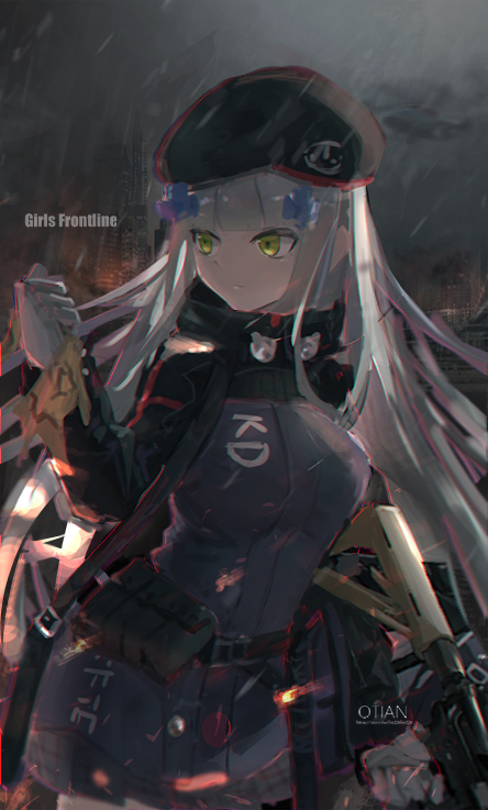 1girl artist_name assault_rifle belt_pouch beret black_headwear black_jacket blue_jacket blunt_bangs breasts cityscape commentary_request copyright_name cross_hair_ornament embers girls_frontline gloves green_eyes grey_hair gun h&amp;k_hk416 hair_ornament hat hk416_(girls'_frontline) holding holding_cloth holding_gun holding_weapon jacket large_breasts long_hair long_sleeves multicolored_clothes multicolored_jacket night no_tattoo outdoors pixiv_id pouch qtian rain rifle solo two-tone_jacket very_long_hair weapon white_gloves