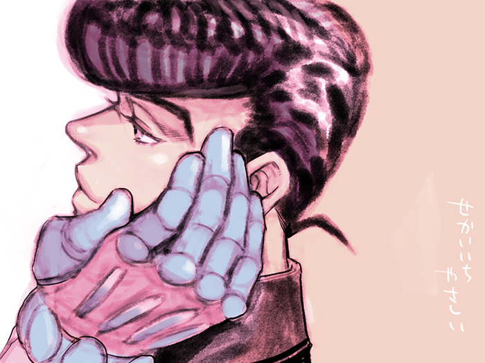 1boy black_hair crazy_diamond half-closed_eyes hand_on_another's_cheek hand_on_another's_face higashikata_josuke jojo_no_kimyou_na_bouken looking_at_another merumeru626 out_of_frame pompadour profile smile solo_focus stand_(jojo)