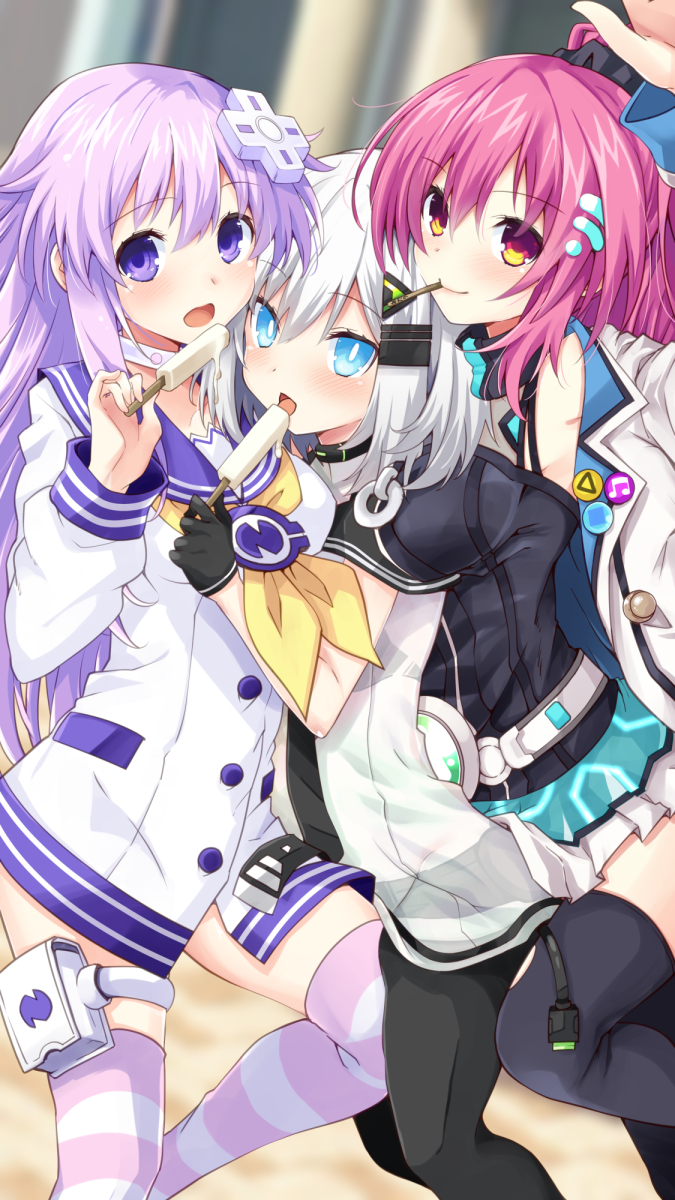 3girls anri_(neptune_series) bare_shoulders black_thighhighs blush bottle breasts choujigen_game_neptune_sisters_vs_sisters hair_ornament highres iwashi_dorobou_-r- large_breasts leotard long_hair looking_at_viewer maho_(neptune_series) multiple_girls nepgear neptune_(series) open_mouth pink_hair purple_hair smile thigh-highs very_long_hair violet_eyes