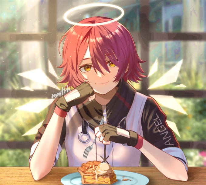 1girl angel apple_pie arknights black_gloves blurry blurry_background cheek_rest closed_mouth depth_of_field detached_wings energy_wings exusiai_(arknights) fingerless_gloves food fork gloves hair_between_eyes hair_over_one_eye halo holding holding_fork indoors jacket looking_at_viewer memetaroh pie plate pov pov_across_table redhead short_hair signature smile solo table white_jacket wings yellow_eyes