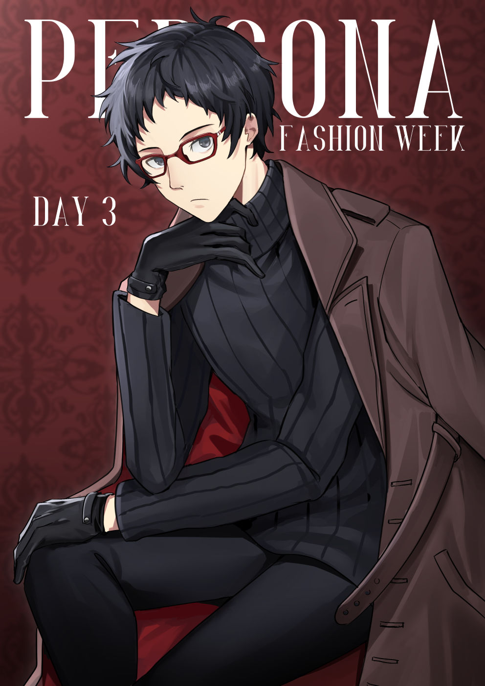 1boy adachi_tooru alternate_costume black_gloves black_hair black_pants black_sweater brown_background brown_coat closed_mouth coat commentary copyright_name english_commentary english_text expressionless glasses gloves hand_on_own_chin hand_up highres kuki_tan looking_at_viewer nose open_clothes open_coat pants persona persona_4 pinstripe_sweater red-framed_eyewear short_hair simple_background sitting solo spiky_hair sweater