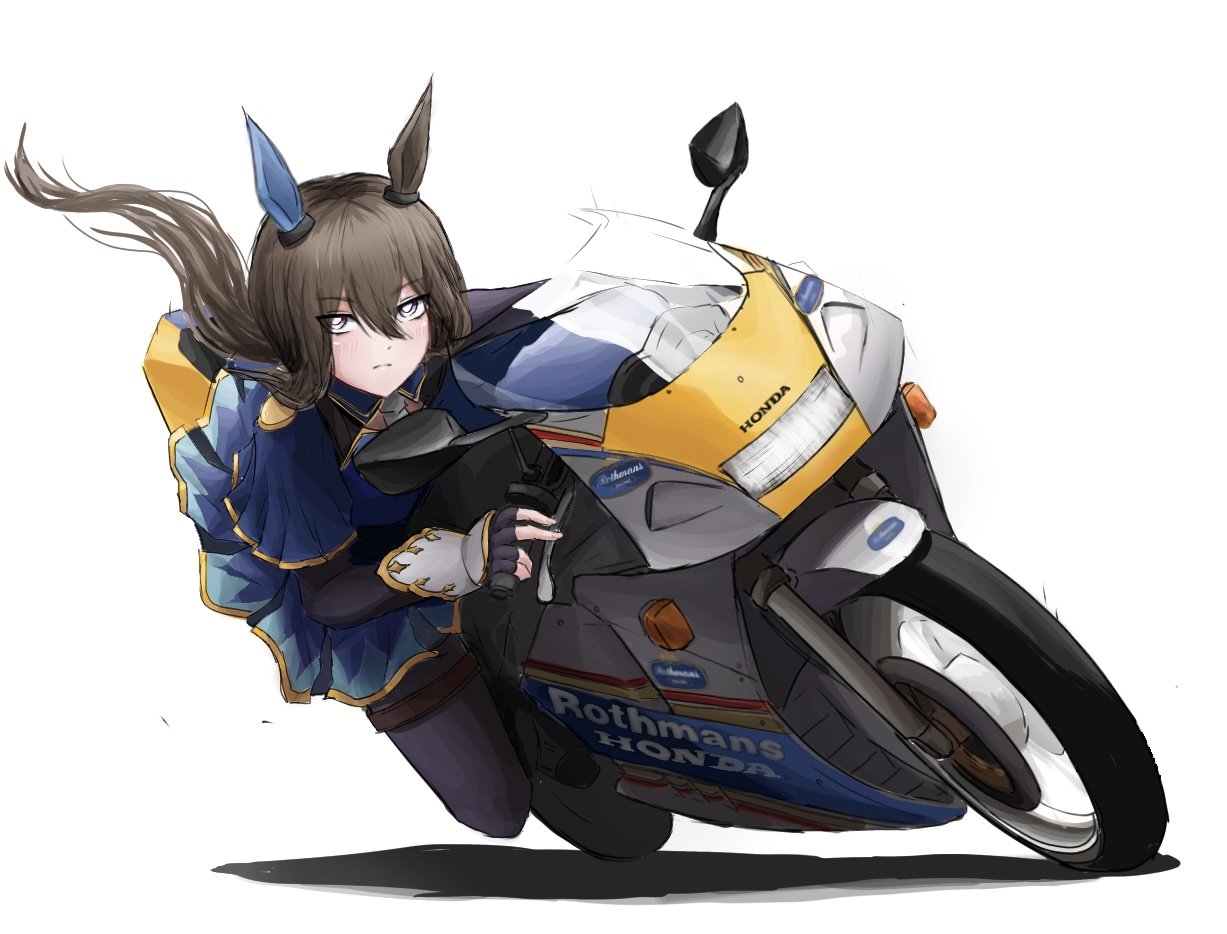 1girl admire_vega_(umamusume) animal_ears black_gloves black_pantyhose blue_capelet blue_skirt brown_eyes capelet ear_covers elbow_gloves fingerless_gloves floating_hair frown gloves hair_between_eyes headlight honda honda_nsr250r horse_ears leaning_to_the_side long_hair looking_to_the_side motor_vehicle motorcycle necktie pantyhose riding shadow single_ear_cover skirt solo thigh_strap umamusume vehicle_focus white_necktie yuuki_(abekobenanda)
