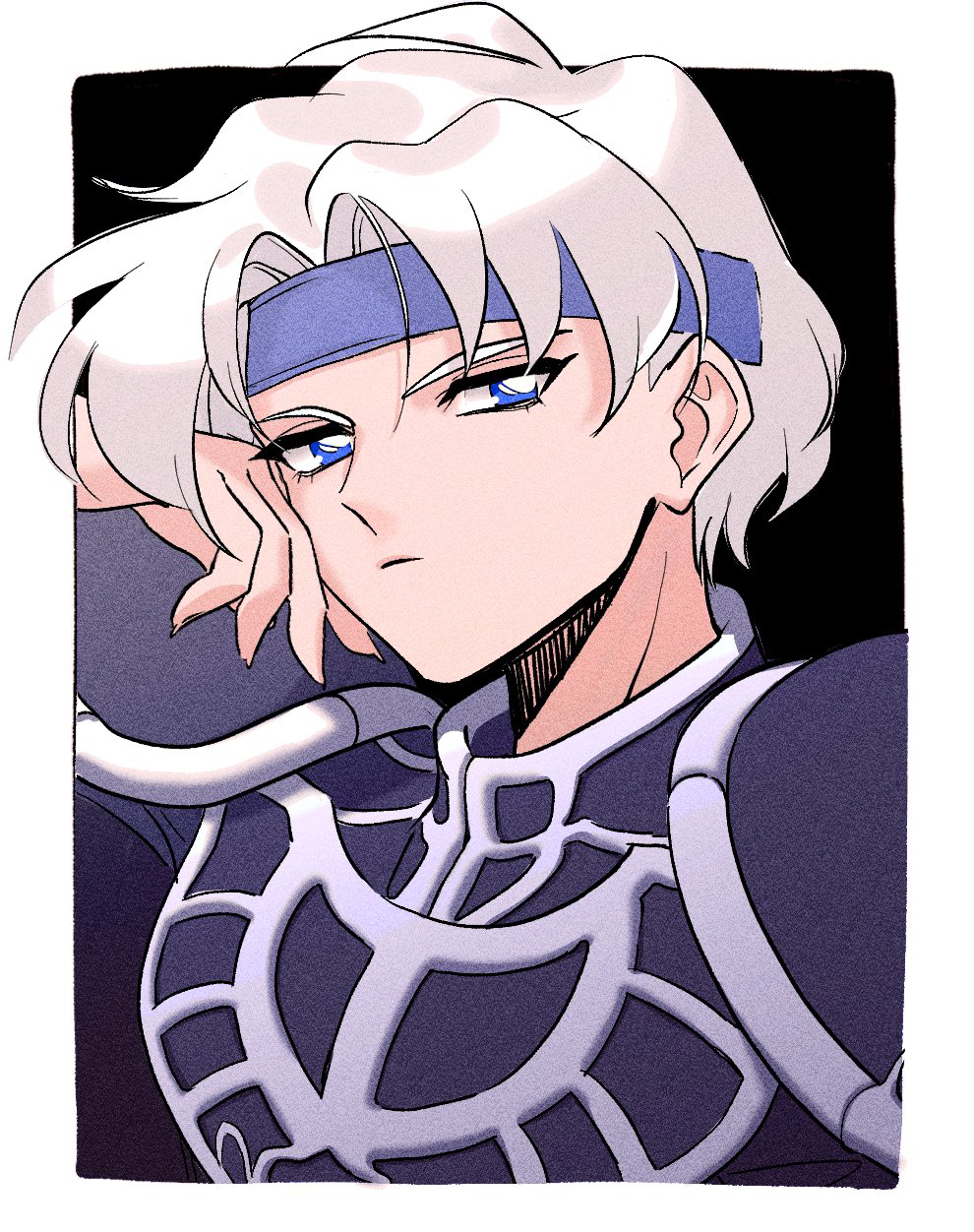 1990s_(style) 1boy armor black_background blue_eyes blue_headband bright_pupils closed_mouth expressionless film_grain hand_on_own_cheek hand_on_own_face headband highres koma_0235 looking_at_viewer looking_to_the_side madou_monogatari male_focus outside_border parted_hair pauldrons puyopuyo retro_artstyle schezo_wegey short_hair shoulder_armor simple_background solo white_hair white_pupils