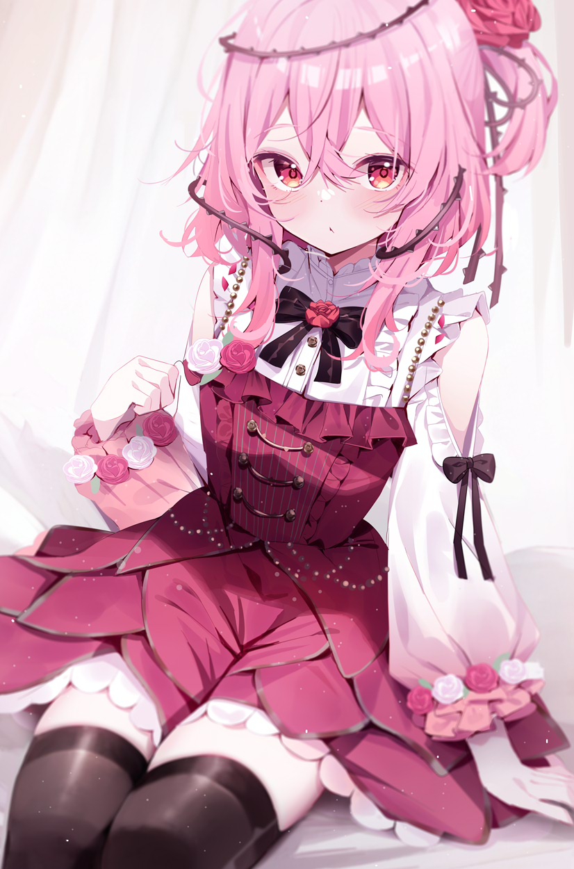 1girl bare_shoulders black_bow black_bowtie black_thighhighs blush bow bowtie clothing_cutout deyui dress flower frilled_shirt frills gradient_dress gradient_sleeves hair_flower hair_ornament highres long_sleeves looking_at_viewer medium_hair multicolored_clothes nijisanji nijisanji_en pink_hair plant red_dress red_eyes red_flower red_rose rose rosemi_lovelock shirt short_sidetail shoulder_cutout sitting solo thigh-highs thorns vines virtual_youtuber white_flower white_rose white_shirt