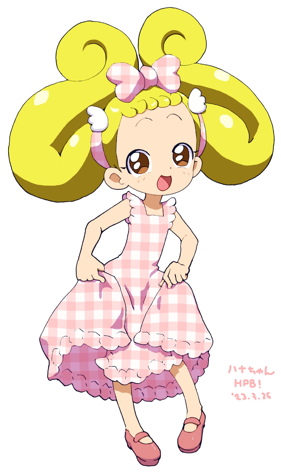 1girl :d blonde_hair blush bow brown_eyes c1_(70904919) clothes_lift dress dress_lift folded_twintails full_body hair_bow hair_ornament highres lifted_by_self looking_at_viewer makihatayama_hana ojamajo_doremi open_mouth pink_bow pink_dress pink_footwear plaid plaid_dress shoes simple_background smile solo standing white_background