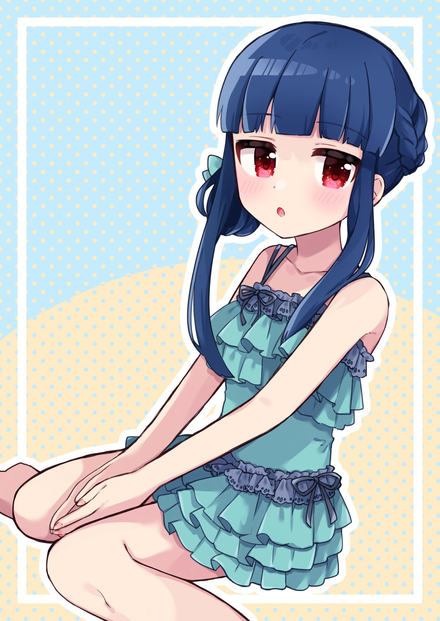 1girl :o aqua_one-piece_swimsuit barefoot blue_background blue_hair blush braid collarbone commentary female_child frilled_one-piece_swimsuit frills highres idolmaster idolmaster_cinderella_girls legs looking_at_viewer one-piece_swimsuit own_hands_together polka_dot polka_dot_background red_eyes sajo_yukimi sidelocks sitting solo swimsuit thighs tko0 two-tone_background wariza yellow_background