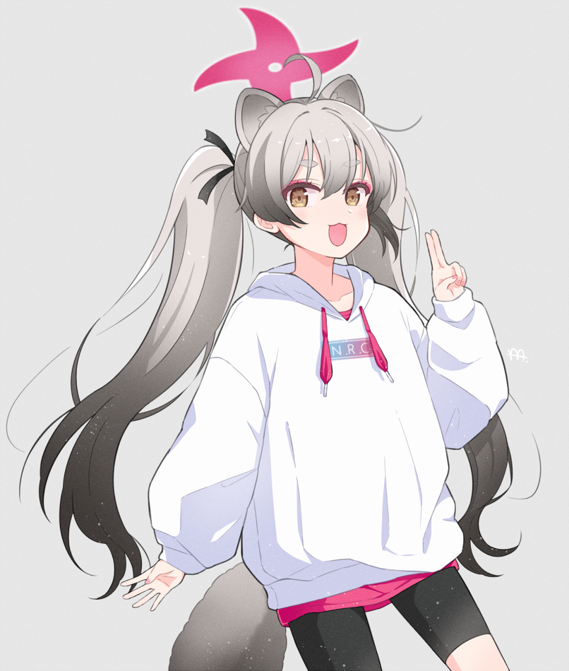 1girl :3 :d alternate_costume animal_ear_fluff animal_ears bike_shorts black_shorts blue_archive brown_eyes casual commentary_request eyeshadow gradient_hair grey_background grey_hair hair_between_eyes halo hood hooded_sweater kuji-in long_hair long_sleeves looking_at_viewer makeup michiru_(blue_archive) multicolored_hair pleated_skirt raccoon_ears raccoon_girl raccoon_hair_ornament raccoon_tail red_eyeshadow shorts sidelocks simple_background skirt smile solo sweater tail thick_eyebrows twintails white_sweater yama_ymst