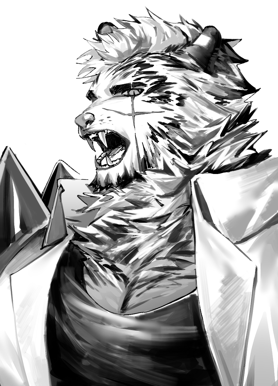 1boy animal_ears arknights facial_hair furry furry_male goatee greyscale highres male_focus monochrome mountain_(arknights) muscular muscular_male pectoral_cleavage pectorals portrait rcc_(rcc_jd) scar scar_across_eye short_hair solo thick_eyebrows tiger_boy tiger_ears white_hair
