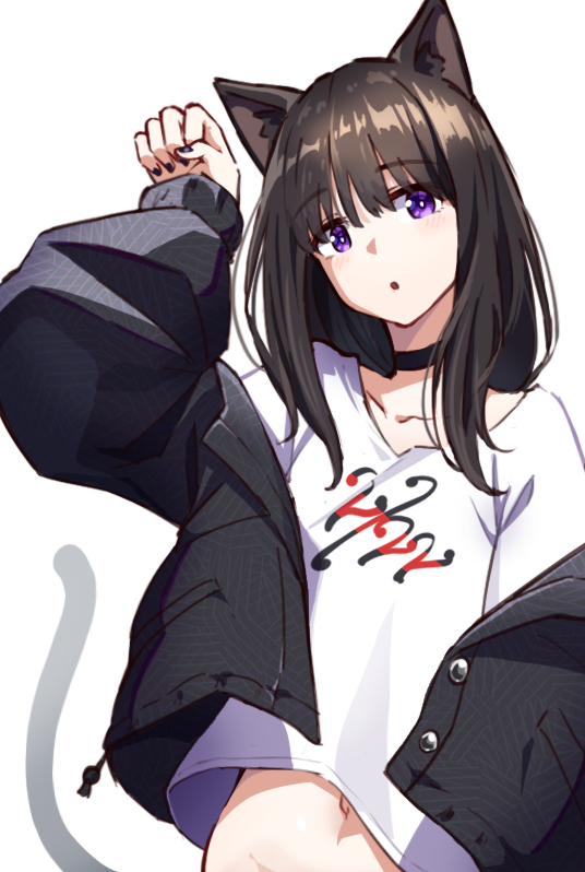 1girl animal_ear_fluff animal_ears black_choker black_hair black_jacket black_nails cat_ears cat_tail choker commentary expressionless hair_between_eyes hand_up head_tilt hyoe_(hachiechi) inoue_takina jacket light_blush long_hair looking_at_viewer lycoris_recoil nail_polish open_clothes open_jacket paw_pose shirt simple_background solo straight_hair tail upper_body violet_eyes white_background white_shirt