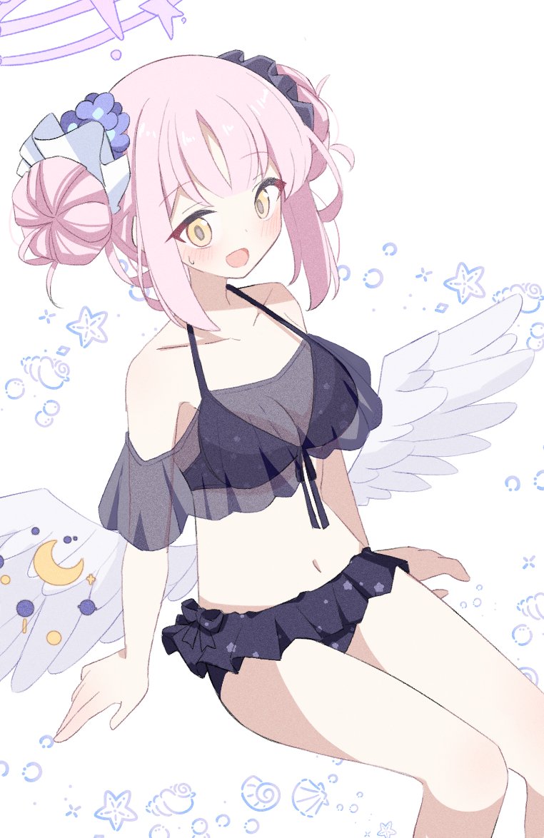 1girl alternate_costume angel_wings bikini black_bikini blue_archive blush breasts embarrassed flower frilled_ribbon frills hair_bun hair_flower hair_ornament halo low_wings mika_(blue_archive) parted_bangs pink_hair ribbon sasanoha_(sasanoha0712) sidelocks simple_background solo swimsuit white_background white_wings wings yellow_eyes