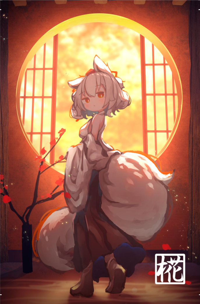 1girl animal_ears chii_(tsumami_tsumamare) closed_mouth commentary_request detached_sleeves from_side full_body hat indoors inubashiri_momiji looking_at_viewer red_eyes red_headwear shirt skirt solo tail tokin_hat touhou white_hair white_shirt wide_sleeves wolf_ears wolf_girl wolf_tail