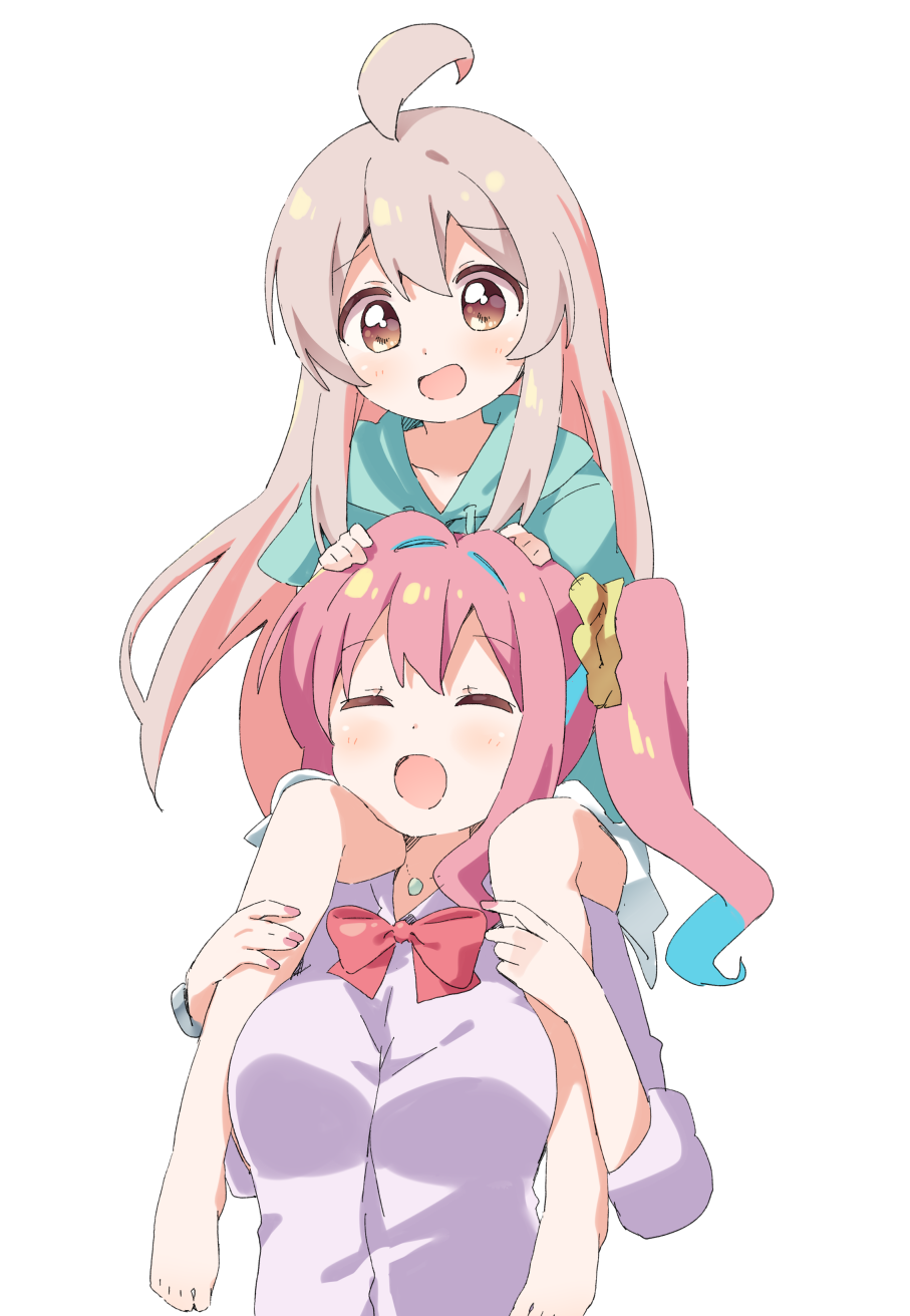 2girls :d ^_^ ahoge aqua_hoodie bare_legs barefoot blue_hair bow bowtie breasts brown_eyes carrying closed_eyes commentary drawstring grey_hair hair_between_eyes hair_ornament hair_scrunchie hands_on_another's_head haru_(konomi_150) highres hood hood_down hoodie hozuki_kaede jewelry large_breasts light_blush long_hair multicolored_hair multiple_girls onii-chan_wa_oshimai! open_mouth oyama_mahiro pendant pink_hair red_bow red_bowtie scrunchie shirt shoulder_carry side_ponytail simple_background smile two-tone_hair white_background white_shirt yellow_scrunchie