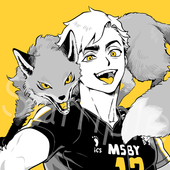 1boy 3_upin :p animal animal_on_shoulder fox greyscale haikyuu!! looking_at_viewer male_focus miya_atsumu monochrome open_mouth short_hair simple_background solo sportswear tail tongue tongue_out upper_body volleyball_uniform yellow_background yellow_eyes