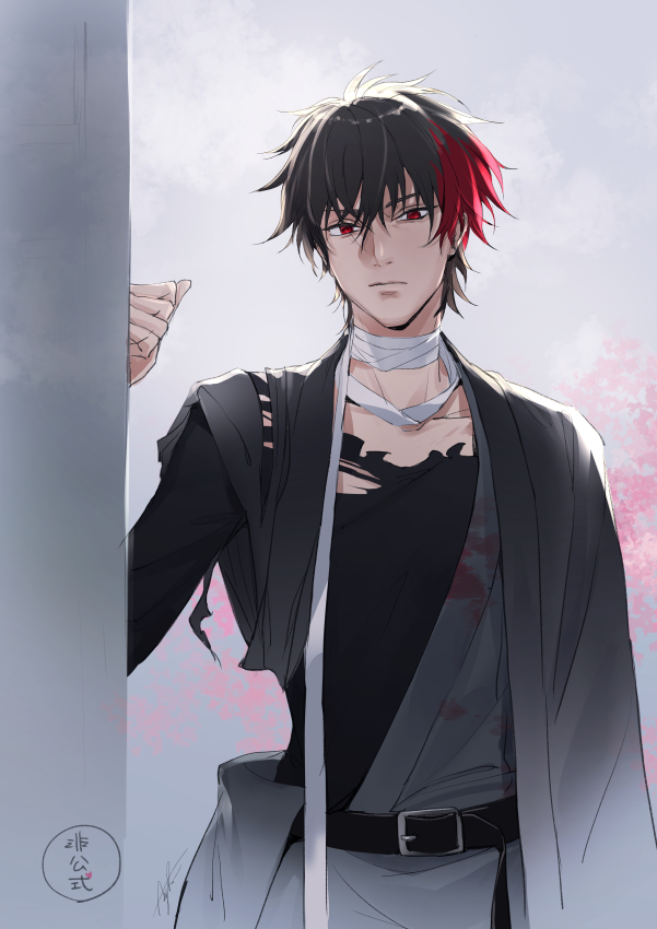 1boy bandaged_neck bandages belt clenched_hand closed_mouth collarbone cowboy_shot hair_between_eyes hand_on_wall hizen_tadahiro japanese_clothes looking_at_viewer male_focus multicolored_hair red_eyes short_hair signature solo suda_ayaka torn_clothes touken_ranbu two-tone_hair