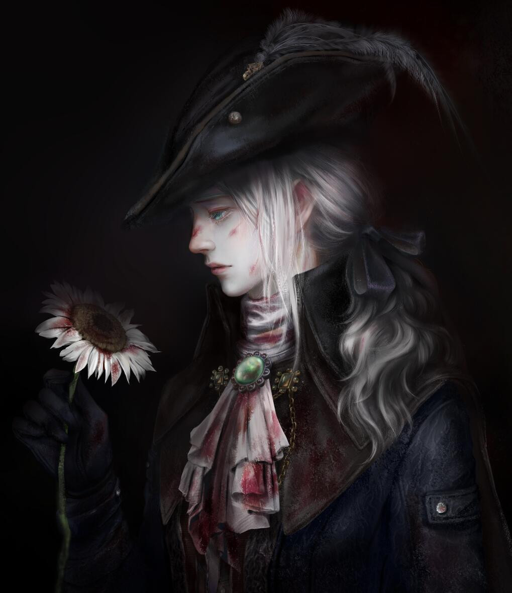 1girl ascot blood blood_on_clothes blood_stain bloodborne coat collar flower gem gloves green_gemstone hat hat_feather holding holding_flower kem2064 lady_maria_of_the_astral_clocktower long_hair looking_to_the_side ponytail solo tricorne white_ascot