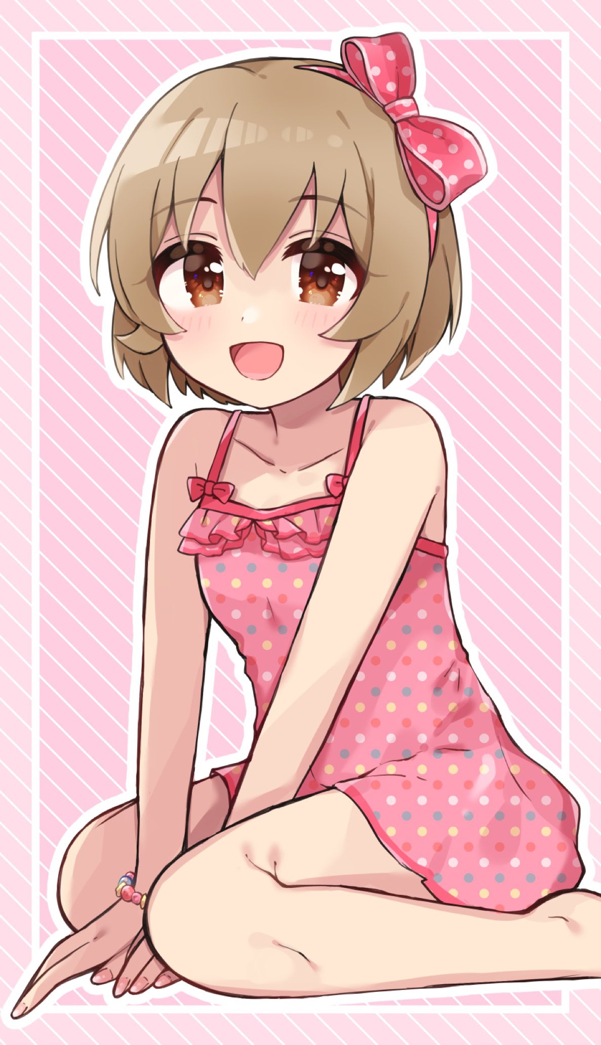 1girl barefoot bead_bracelet beads bow bracelet brown_eyes brown_hair camisole collarbone commentary flat_chest hair_between_eyes hair_bow highres idolmaster idolmaster_cinderella_girls jewelry koga_koharu legs light_blush looking_at_viewer open_mouth pink_background pink_bow pink_camisole polka_dot_camisole short_hair sidelocks sitting smile solo striped striped_background thighs tko0 wariza