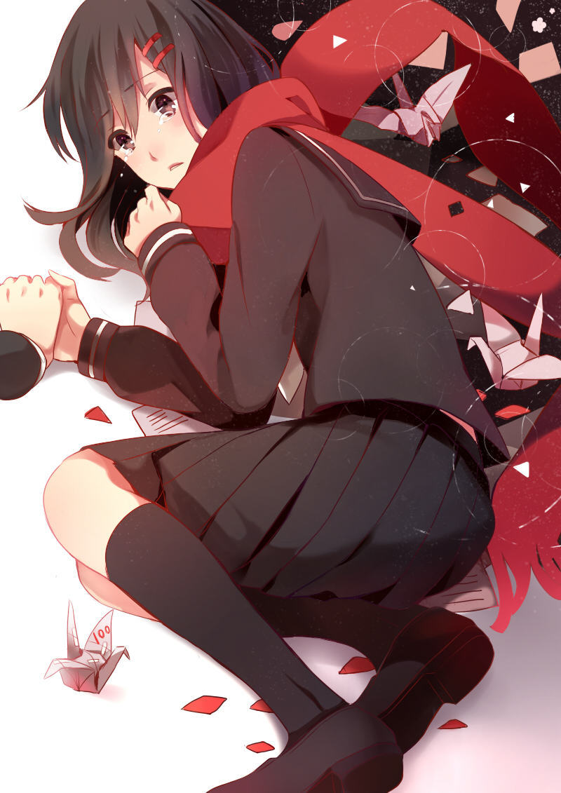 1boy 1girl bad_id bad_pixiv_id black_background black_eyes black_footwear black_hair black_sailor_collar black_serafuku black_skirt black_socks circle commentary enpera flower_(symbol) foot_out_of_frame frown gakuran gradient_background grey_background hair_between_eyes hair_ornament hairclip holding_hands jiman kagerou_project kisaragi_shintarou kneehighs loafers long_hair looking_at_another looking_to_the_side lying mekakucity_actors neckerchief on_side origami out_of_frame paper paper_crane parted_lips petals red_scarf sailor_collar scarf school_uniform serafuku shoes single_stripe skirt sleeve_cuffs socks solo_focus tateyama_ayano tears test_score_(paper) triangle unhappy white_background white_neckerchief white_stripes