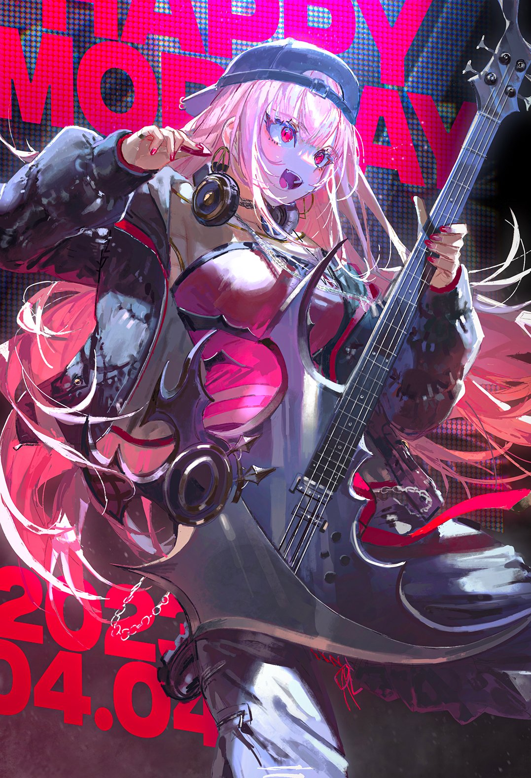 backwards_hat bass_guitar black_pants boots guitar happy_birthday hat headphones headphones_around_neck highres holding holding_instrument holding_plectrum hololive hololive_english instrument jacket jewelry mori_calliope open_mouth pants pink_hair plectrum quasarcake red_eyes red_nails see-through virtual_youtuber