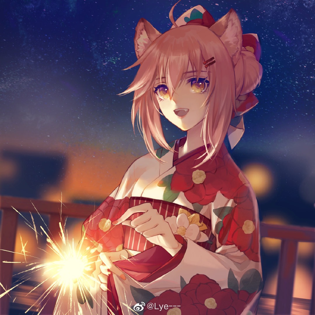 1girl :d ahoge alternate_costume arknights bow commentary fingernails fireworks floral_print gravel_(arknights) hair_between_eyes hair_bow hair_bun hair_ornament hairclip holding_fireworks japanese_clothes kimono lips long_sleeves looking_at_viewer medium_hair nail_polish obi open_mouth pink_hair pink_nails prairie_dog_ears railing red_bow sash single_hair_bun sky smile solo sparkler star_(sky) starry_sky teeth tongue upper_body upper_teeth_only weibo_logo weibo_username white_kimono wide_sleeves yehehua yellow_eyes