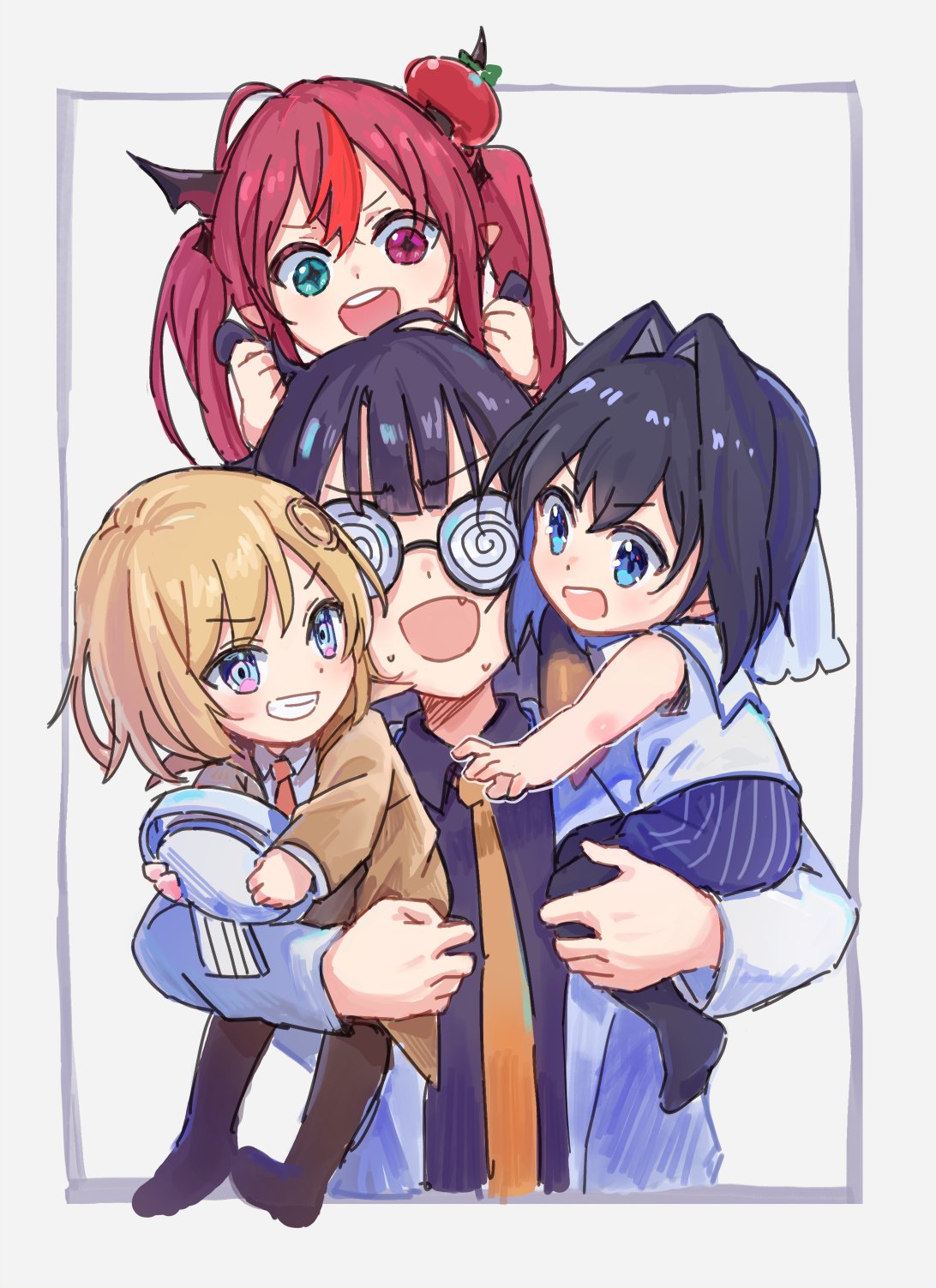 4girls aged_down blonde_hair blue_eyes blue_hair blunt_bangs brown_coat carrying child_carry coat coke-bottle_glasses collared_shirt glass glasses hair_ornament heterochromia highres hololive hololive_english horns irys_(hololive) kisuu_(oddnumberr_) monocle_hair_ornament multiple_girls necktie ninomae_ina'nis open_mouth orange_necktie ouro_kronii pink_eyes pink_hair purple_hair purple_shirt shirt sweatdrop symbol-shaped_pupils tentacle_hair tomato twintails upper_body virtual_youtuber watson_amelia white_coat