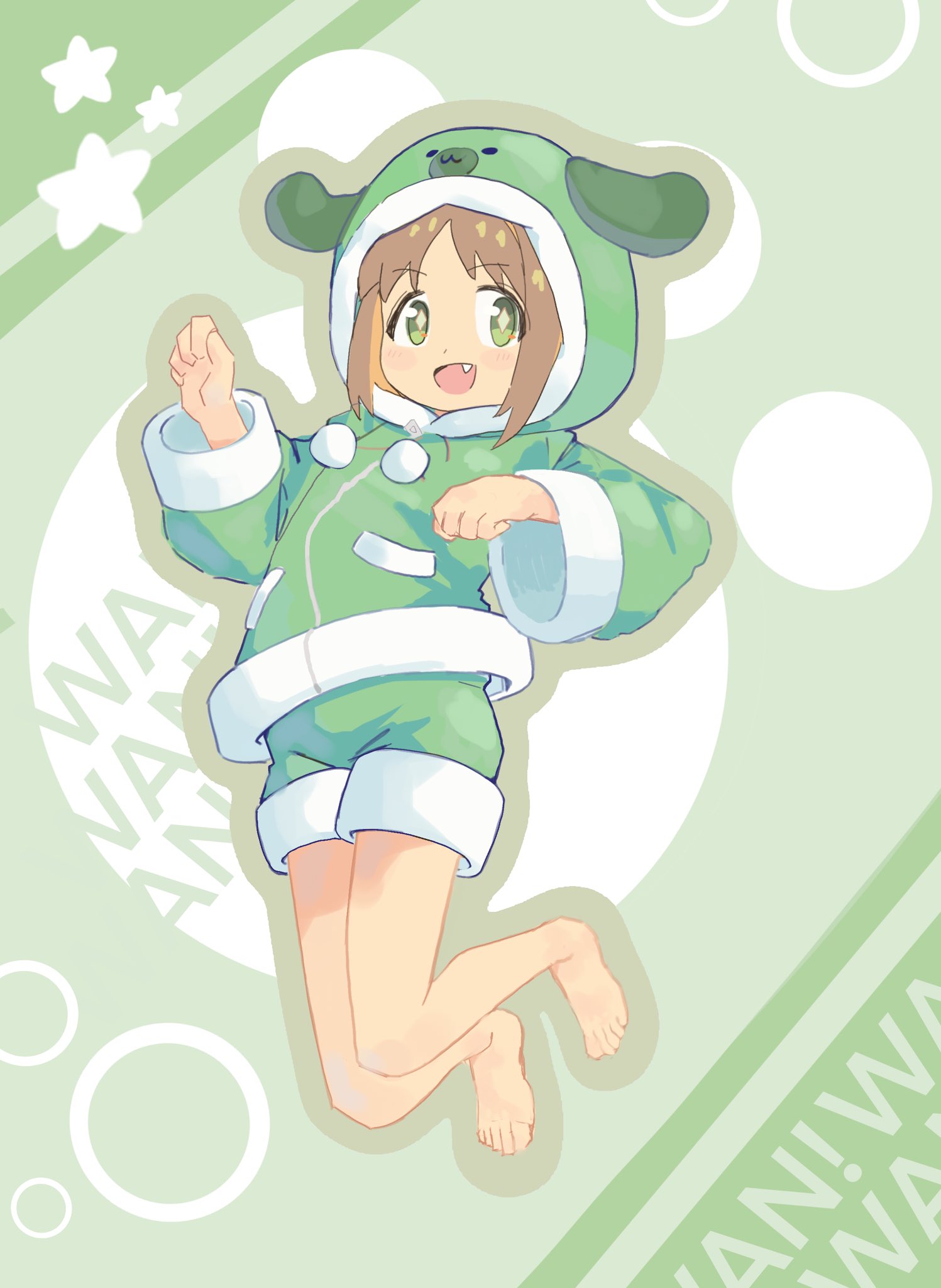 +_+ 1girl :d animal_hood bare_legs barefoot brown_eyes commentary dog_hood drawstring fang full_body green_eyes green_jacket green_shorts gustavo_schuler highres hood hood_up hooded_jacket jacket long_sleeves looking_at_viewer official_alternate_costume oka_asahi onii-chan_wa_oshimai! open_mouth paw_pose shorts simple_background smile solo star_(symbol) wide_sleeves