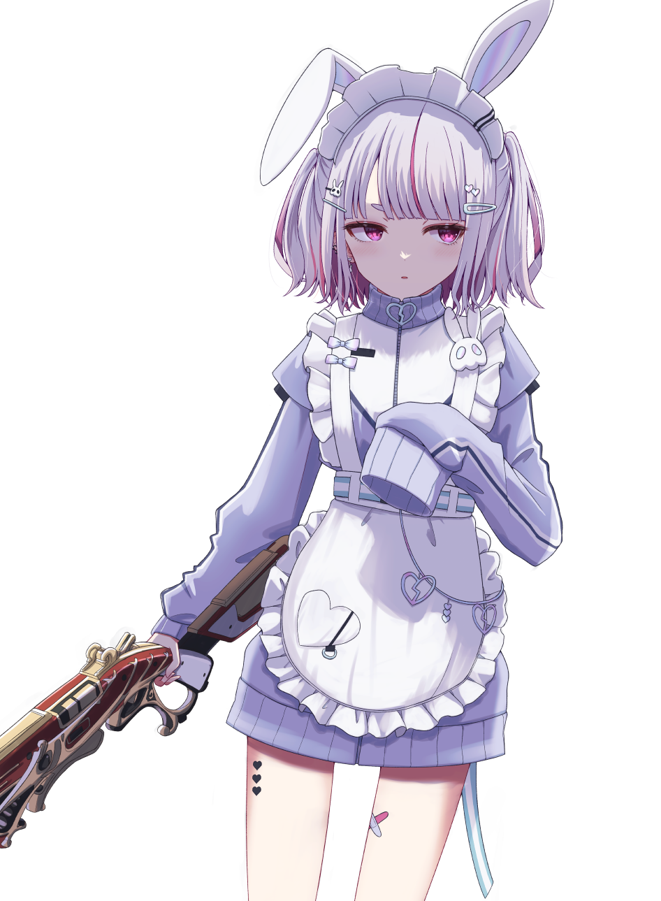 1girl 30-30_repeater animal_ears apron dress eyebrows_hidden_by_hair frilled_apron frills grey_hair gun hair_ornament hairclip heart heart_hair_ornament herumu_(kouzome_mia) highres holding holding_gun holding_weapon juliet_sleeves long_sleeves looking_away looking_to_the_side maid_headdress multicolored_hair parted_lips pink_hair puffy_sleeves purple_dress rabbit_ears rabbit_hair_ornament short_eyebrows simple_background solo standing streaked_hair thick_eyebrows tosaki_mimi two_side_up unaligned_ears violet_eyes virtual_youtuber vspo! weapon white_apron white_background
