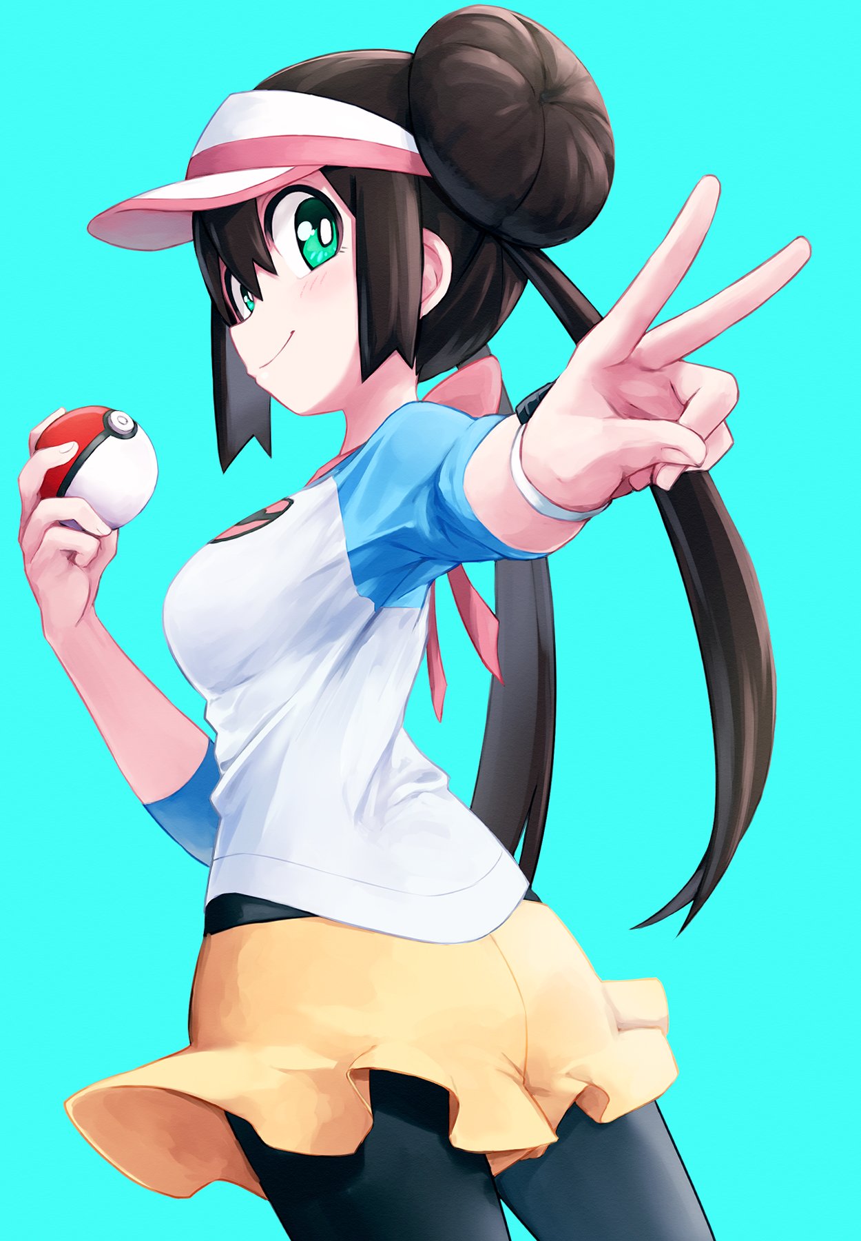 1girl aqua_background black_hair black_pantyhose blush breasts green_eyes hair_between_eyes hair_bun hat highres holding holding_poke_ball long_hair looking_at_viewer medium_breasts pantyhose poke_ball poke_ball_(basic) pokemon pokemon_(game) pokemon_bw2 raglan_sleeves rosa_(pokemon) shirt shorts simple_background solo twintails v visor_cap yachima_tana yellow_shorts